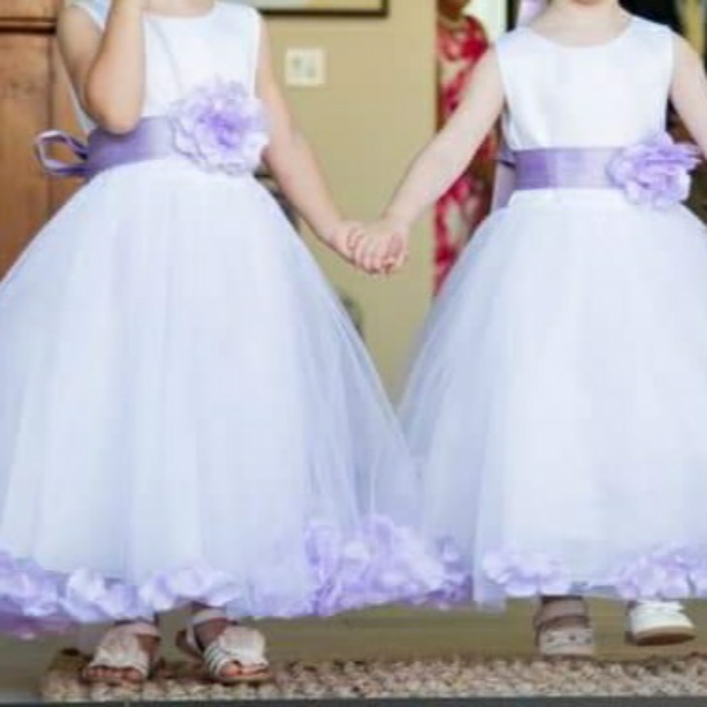 White and purple flower girl dress
